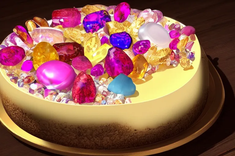 Prompt: Insanely beautiful and delicious-looking cheesecake made of precious stones and gems, photorealistic, 8K, trending on artstation