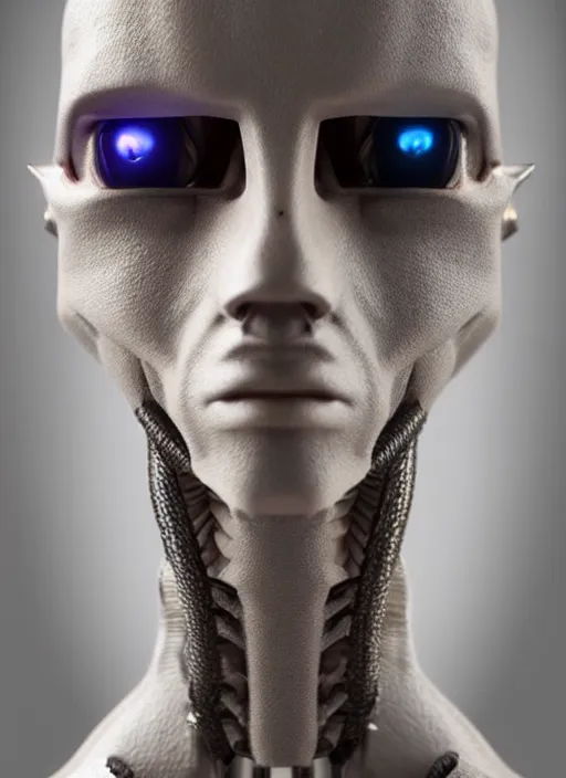 Image similar to angled facial full-head portrait of a cyberpunk bone ceramic caliente humanoid robot Spanish with an attractive face and handsome features, large glowing eyes, macho, piroca, dotado, guapo, reflective surface, trending on cgsociety, trending on artstation