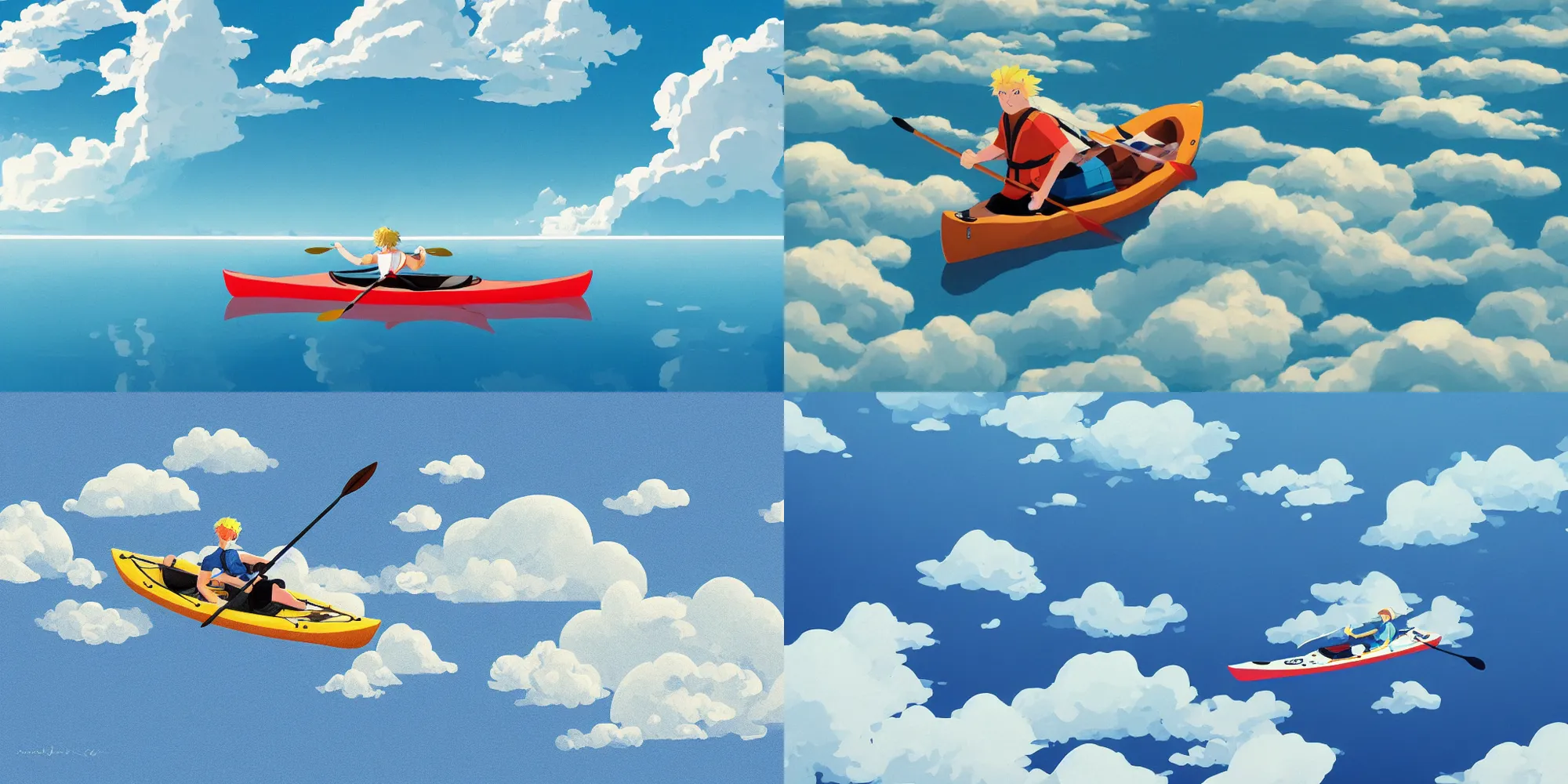Prompt: blond kayaker in his light blue kayak paddling above the clouds in the sky, by James Gilleard, studio ghibli, highly detailed trending at artstation, 4k, hdr, backlight