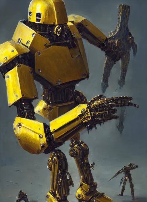Prompt: human-sized strong intricate yellow pit droid, carrying longsword and big paladin shield, pancake head, exposed metal bones, painterly humanoid mecha, full body, sharp focus, cinematic, by Greg Rutkowski