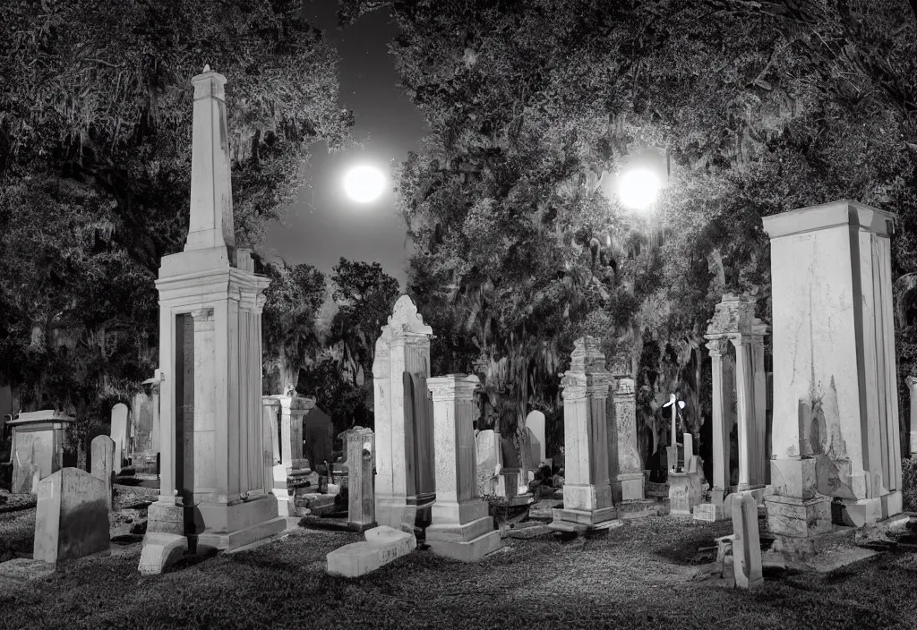 Image similar to a moonlit night at the st. louis cementer in new orleans, louisiana, highly detailed, photographic quality