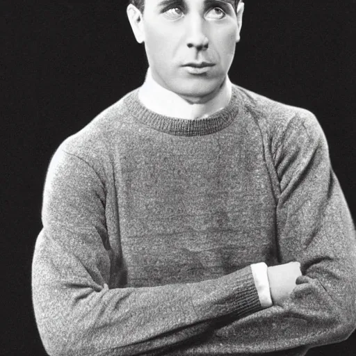 Image similar to a black and white photo of a man in a sweater, a colorized photo by george bogart, tumblr, art deco, handsome, 1 9 2 0 s, studio portrait