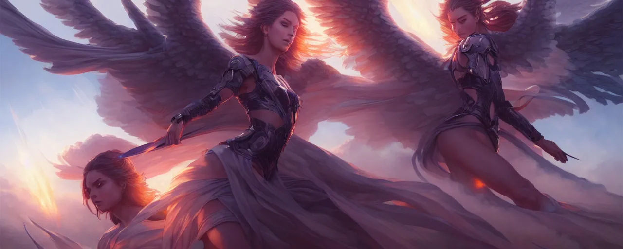 Image similar to battle of angels by magali villeneuve, artgerm, greg rutkowski, digital art, sharp focus, award winning, intrecate details, 4 k,