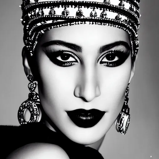 Image similar to a beautiful professional black and white photograph by hamir sardar, herb ritts and ellen von unwerh for the cover of vogue magazine of a beautiful and unusually attractive moroccan female fashion model looking at the camera in a flirtatious way, zeiss 5 0 mm f 1. 8 lens