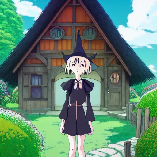 Image similar to A young adult witch with a cottage-core aesthetic, Studio Ghibli, character design, fantasy, 8k resolution