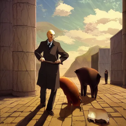 Image similar to an epic painting of vladimir lenin petting capybara, oil on canvas, anime style, makoto shinkai, animation film, beautiful detailed, photorealistic, deep focus, fantasy, intricate, elegant, highly detailed, digital painting, concept art, illustration