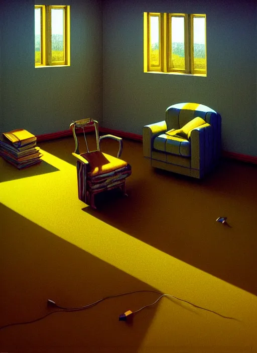 Image similar to hyper detailed 3d render like a Oil painting - the lonely living room, light and shadow, yellow wheat fields and electric poles outside, by Jacek Yerka, Mariusz Lewandowski, Houdini algorithmic generative render, Abstract brush strokes, Masterpiece, Edward Hopper and James Gilleard, Zdzislaw Beksinski, Mark Ryden, Wolfgang Lettl, hints of Yayoi Kasuma, octane render, 8k