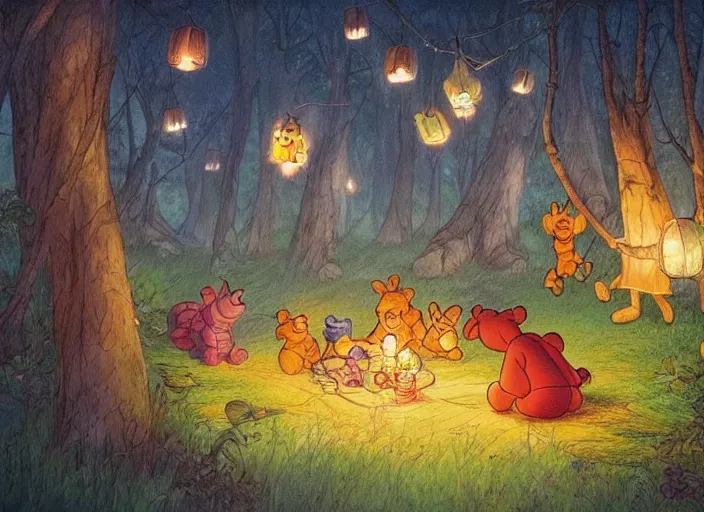 Prompt: concept art of a birthday party in the woods at night with winnie the pooh characters, paper lanterns and fairy lights, detailed, realistic, cel shaded, in the style of makoto shinkai and moebius and peter mohrbacher and james gurney