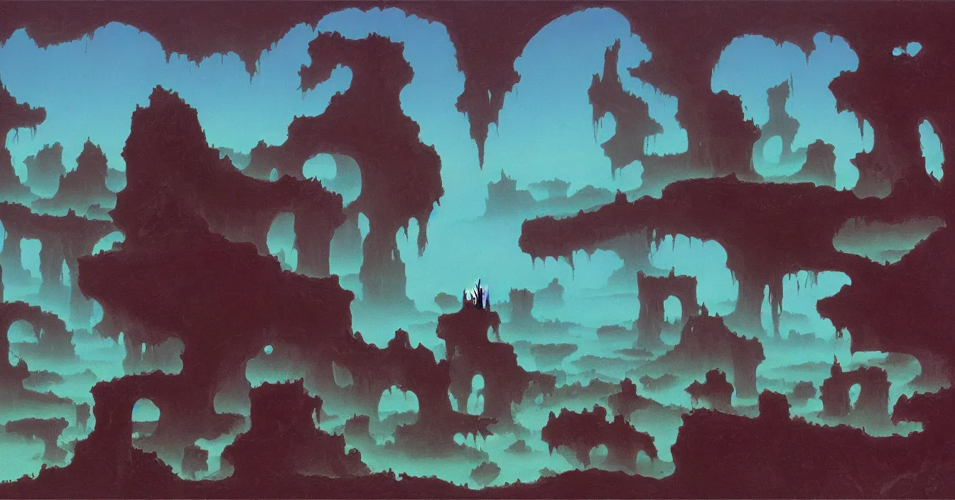 Prompt: a deep wide dark abyss, world of the silence, emptiness and peace, still moment, digital art, by roger dean