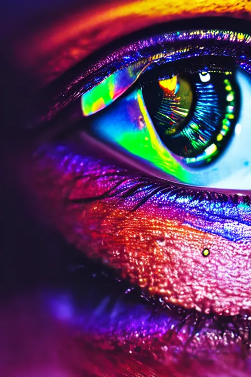 Image similar to hyper detailed concept art of human eye crying multicolored iridescent paint Stanley Artgermm dramatic lighting wide angle 35mm shallow depth of field 8k