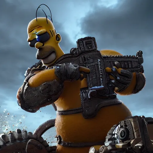 Image similar to Homer Simpson in Gears of War, splash art, movie still, cinematic lighting, dramatic, octane render, long lens, shallow depth of field, bokeh, anamorphic lens flare, 8k, hyper detailed, 35mm film grain