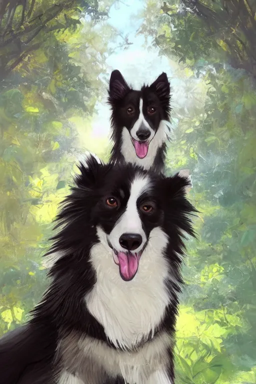 Prompt: portrait of a cute anthro male anthropomorphic border collie fursona wearing a suit in a sunny glade. by henry asencio, jon foster, and ross tran. scenic background, highly detailed, concept art, furry, glamor pose, elegant, aesthetic, beautiful, trending on artstation, top rated on furaffinity and deviantart