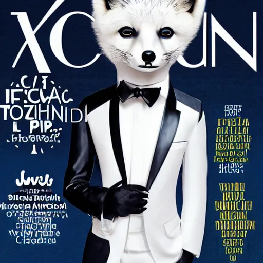 Image similar to fashion magazinecover of an anthropomorphic Arctic Fox wearing a fancy tuxedo