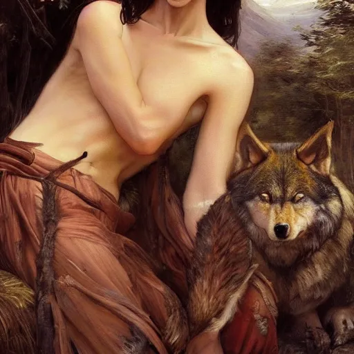 Prompt: of a beautiful brunette women with a wolf, intricate skin, fur, silicone cover, elegant, peaceful, full body, horns, hyper realistic, extremely detailed, dnd character art portrait, fantasy art, intricate fantasy painting, dramatic lighting, vivid colors, deviant art, artstation, by edgar maxence and caravaggio and michael whelan and delacroix