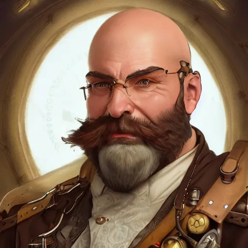 Image similar to Three quarters portrait of a bald male steampunk dwarf with long brown beard, highly detailed, digital painting, art by Stanley Lau and Artgerm and magali villeneuve and Alphonse Mucha, artstation, octane render, cgsociety