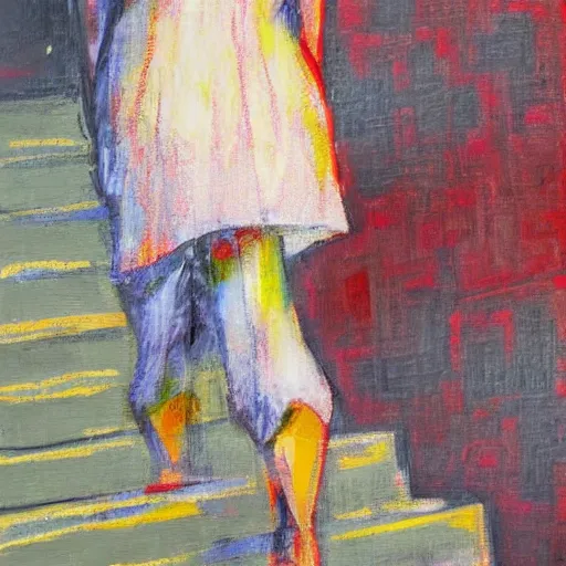 Prompt: very abstract painting of a statue of a figure walking down the stairs, impressionist painting, realistic