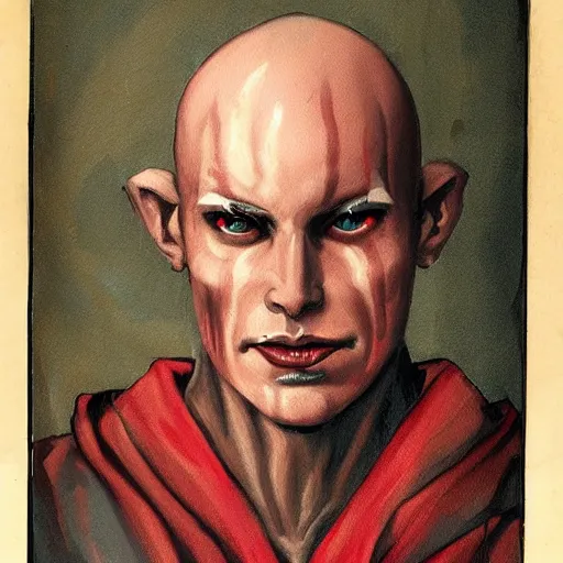 Image similar to d & d painting portrait necromancer man with bald head, red sunken eyes, pallid skin, long flowing black and red robes. fingers are bony and long