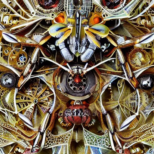 Prompt: complex intricate moving mechanism made of insects and bugs and beetles, diy symmetric electromechanical machine, hyperdetailed maximalism