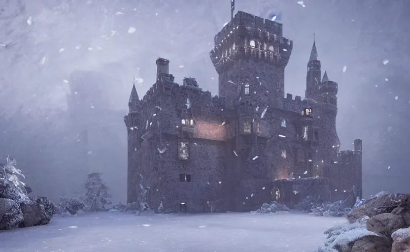 Image similar to magnificent castle besides the sea in the snowstorm at dark night, doomy, Unreal Engine, cinematic photography, highly-detailed, games of thrones, HBO, high resolution, 8k, photorealistic, stunning volumetric lighting