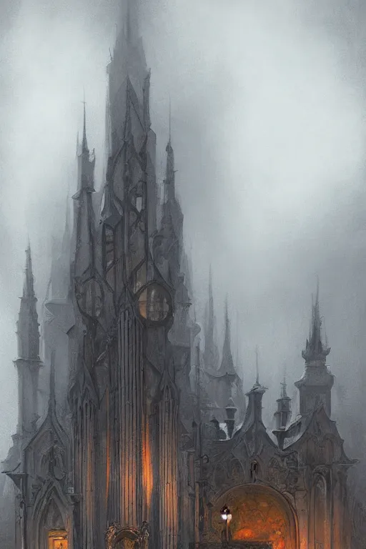 Prompt: illustration of close - up street view of gothic pipe organ, night, smoke, ground fog, by peter mohrbacher, by alex andreev, by jacek yerka, large depth of field, super detailed, digital art, trending on artstation, minimalism