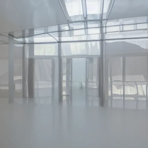 Image similar to an ultra high definition professional studio quality photograph of a transparent iridescent perspex pastel coloured inflatable abstract parachute furniture in an empty white room. dramatic lighting, ray tracing, refraction, shallow d. o. f, colour corrected, golden ratio, three point light. volumetric shadows. god rays.
