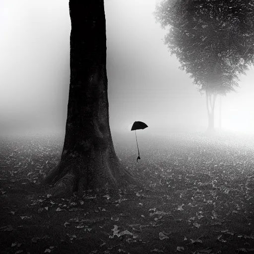 Prompt: black and white picture of a man holding an umbrella close to a tree, fog, everything completly out of focus, backlight, realistic abstract picture, mist, mysterious