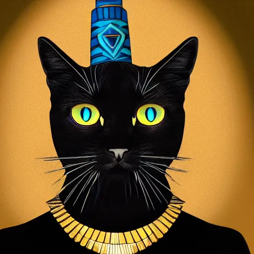 Prompt: A portrait of a black cat Pharaoh, wearing an Egyptian attire and a had, holding a staff, photorealistic digital art in a synthwave style