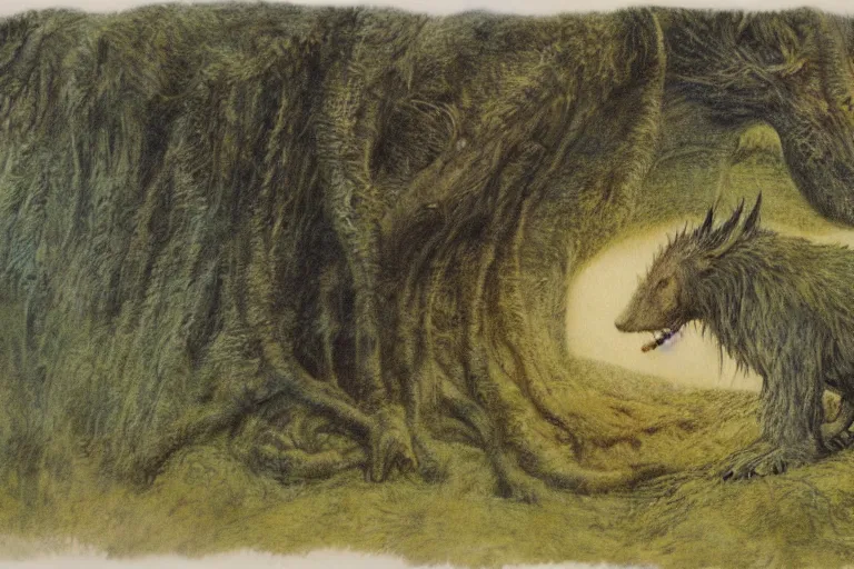 Image similar to where the wild things are, early morning, Alan Lee, realistic landscape