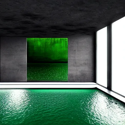 Image similar to a black and white photo of a room with green water, a detailed matte painting by peter zumthor, behance, abstract art, matte painting, behance hd, matte background