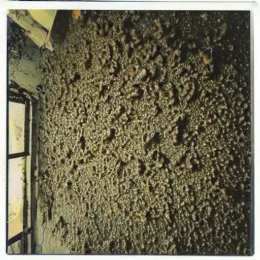 Image similar to a polaroid photograph of a wall covered in various different kinds of mold and sparsely populated by mushrooms and their mycelium, award winning photograph