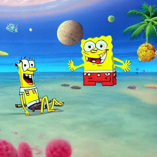 Prompt: spongebob lounging in a tropical resort in space, nasa footage