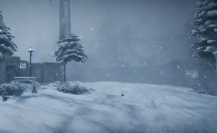 Image similar to winterfall in the snowstorm, doomy, Unreal Engine, cinematic photography, highly-detailed, games of thrones, HBO, high resolution, 8k, photorealistic, stunning volumetric lighting