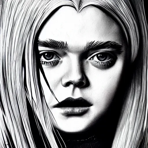 Image similar to a striking hyper real ink illustration of Elle Fanning, dark, metal,