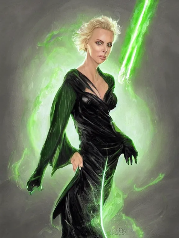 Image similar to Charlize Theron as an evil witch in a black dress casting a green spell, green lighting, time warping, D&D, fantasy, highly detailed, digital painting, trending on artstation, concept art, sharp focus, illustration, art by artgerm and greg rutkowski and magali villeneuve