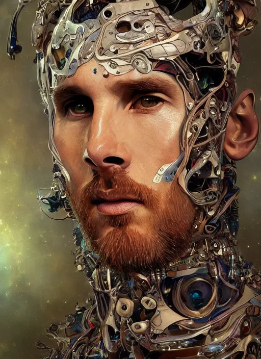 Image similar to lionel messi as a organic cyborg, diffuse lighting, fantasy, intricate, elegant, highly detailed, lifelike, photorealistic, digital painting, artstation, illustration, concept art, smooth, sharp focus, art by john collier and albert aublet and krenz cushart and artem demura and alphonse mucha