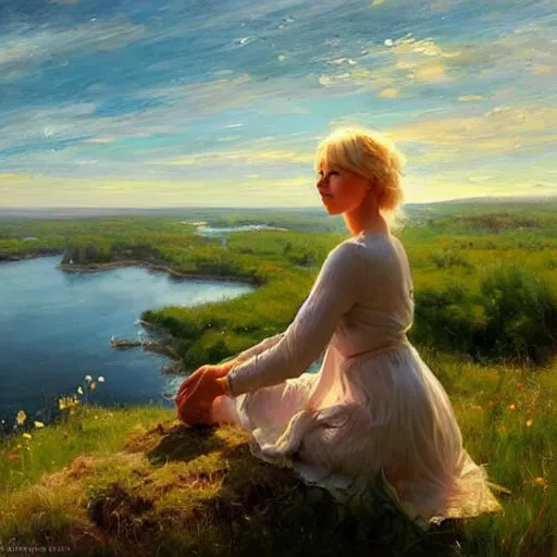 Image similar to blonde woman watching over the swedish countryside, archipelago, morning, masterpiece, highly detailed, beautiful, atmospheric, impressionism, painting by Vladimir Volegov