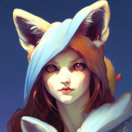 Image similar to Cuddly fox girl with large ears and blue eyes, face, realistic, cute, cartoonish, digital painting, artstation, concept art, smooth, sharp focus, illustration, art by Krenz Cushart and Artem Demura and alphonse mucha