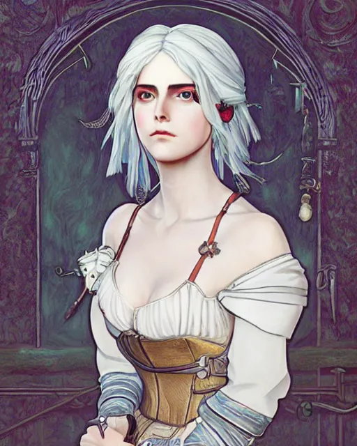 Image similar to Pre-Raphaelite Ciri from Witcher 3 by Studio Ghibli and UFO Table, intricate, elegant, highly detailed, digital painting, pale