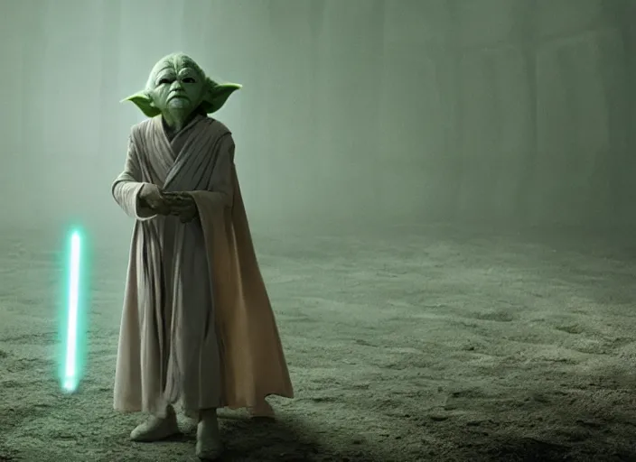 Image similar to film still of millie bobby brown as yoda in star wars movie, green skintone, pointy ears, wearing long white robe in a sith temple, deep focus, glamour pose, dramatic lighting, octane, mist, steve mccurry, volumetric lighting, 8 k