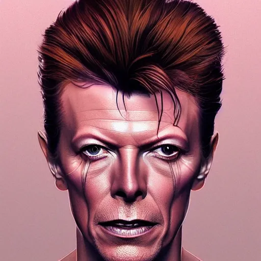 Image similar to Portrait of David Bowie, intricate, wild, highly detailed, digital painting, artstation, concept art, smooth, sharp focus, illustration, art by artgerm and greg rutkowski and alphonse mucha and Hajime Sorayama