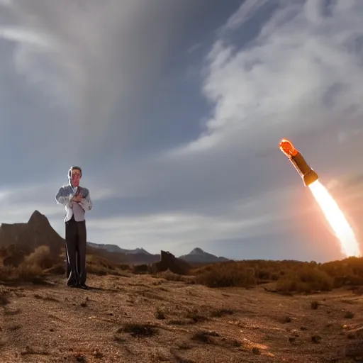 Prompt: wide shot. bill nye the science guy launching a nuclear bomb, looking enlightened, 4k, photography, detailed, detailed face, sharp, cinematic lighting