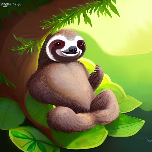 Image similar to a cute baby sloth in a happy leafy environment, incredible digital painting in an artistic style, trending on artstation