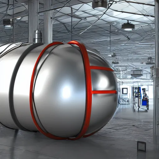 Image similar to big metallic capsule connected to pipelines, purpose is pump, standing in large industrial hall, designed by best engineers, raytracing, reflections