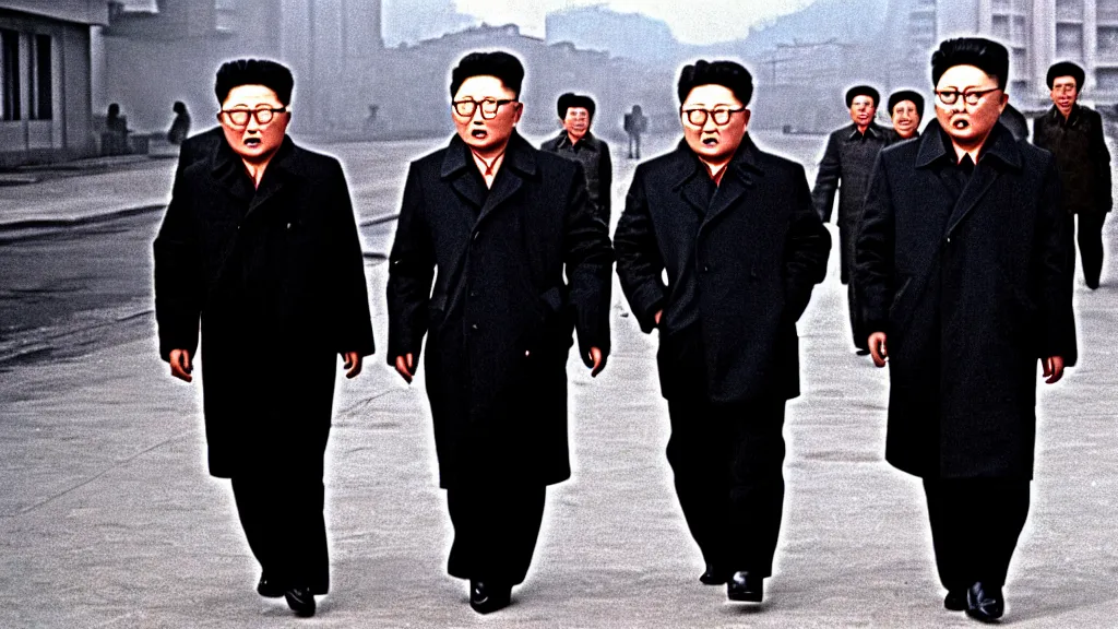 Image similar to kim jong - il walking in 1 9 6 0 s pyongyang, film noir thriller in the style of orson welles and andrei tarkovski