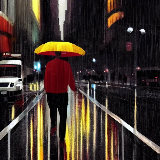 Prompt: man walking down new york street, pulling broken mechanical dog, rainy, elegant, highly detailed, digital painting, artstation, concept art, matte sharp focus, illustration