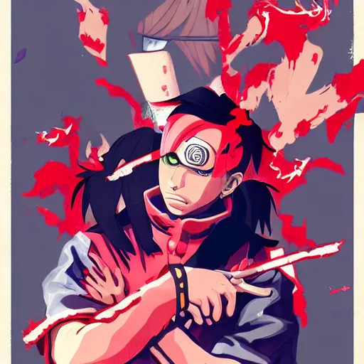 Prompt: Playboi Carti in Naruto Universe, Ninja Scrolls, Geometric 3d shapes, Gang, Pistol, Blood, red smoke, by Sachin Teng, Trending on artstation