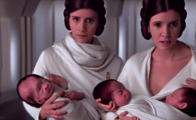 Prompt: screenshot of Princess Leia Organa holding a new born baby in a swaddle, standing next to Han Solo watching with his arms behind his back, pensive, iconic scene from 1980s Star Wars film directed by Ridley Scott, in a sci fi nursing home architecture, last jedi, 4k HD sharp, cinematic still frame, photoreal, detailed face, moody lighting, stunning cinematography, anamorphic lenses, kodak color film stock