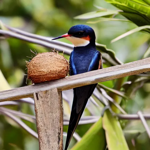 Prompt: photo of an african swallow carrying a coconut