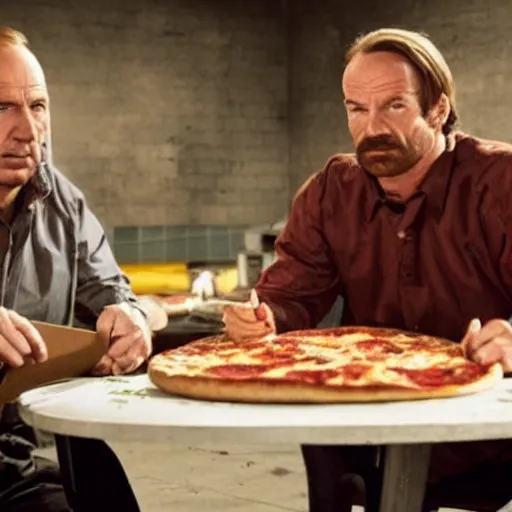 Image similar to Saul Goodman eating pizza with Walter White