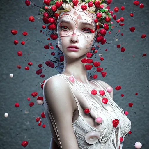 Prompt: the professional photoshoot of an absurdly beautiful, graceful, elegant, sophisticated, fashionable young model made of strawberries and white petals, an ultrafine hyperdetailed illustration by kim jung gi, irakli nadar, intricate linework, bright colors, octopath traveler, final fantasy, unreal engine 5 highly rendered, global illumination, radiant light, detailed and intricate environment